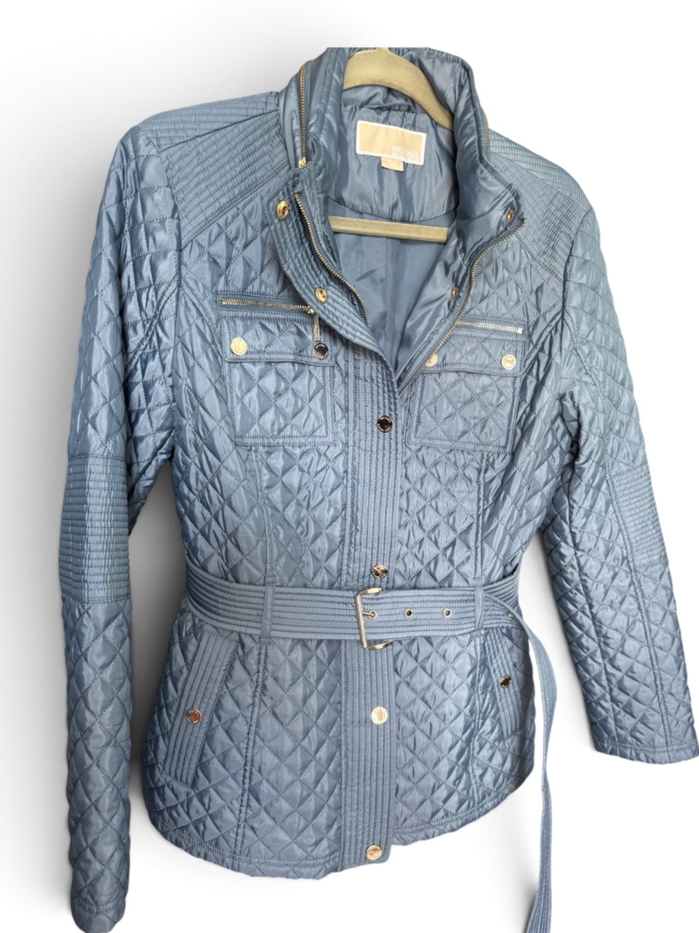 Michael Kors Quilted, belted jacket size M slate blue color